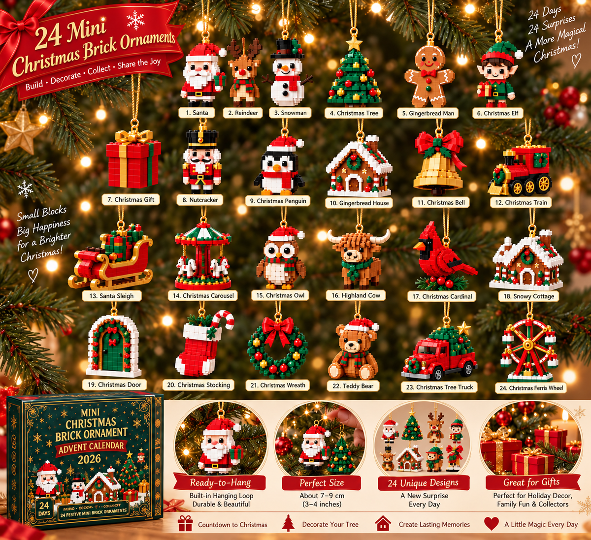 YULEBRICKS – Χριστουγεννιάτικο ημερολόγιο αντίστροφης μέτρησης με στολίδια από τουβλάκια για γιορτινή διασκέδαση