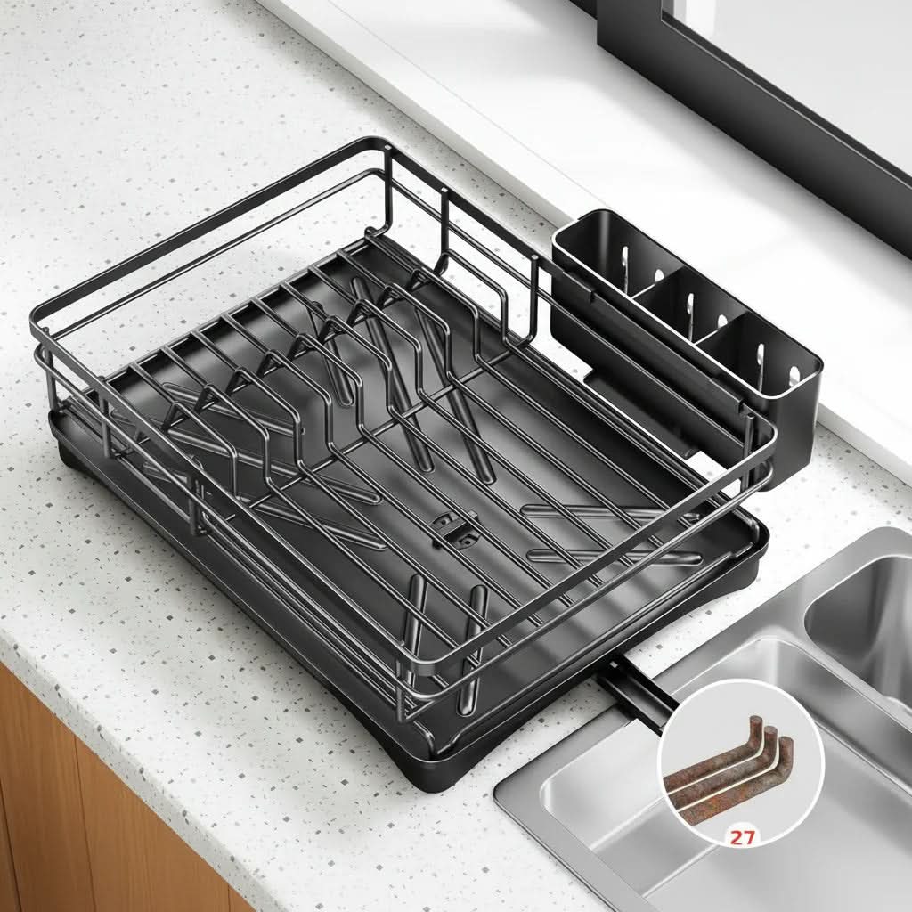 DISHSHIELD - Large dish drying rack with integrated drip tray for organized and dry kitchen countertops