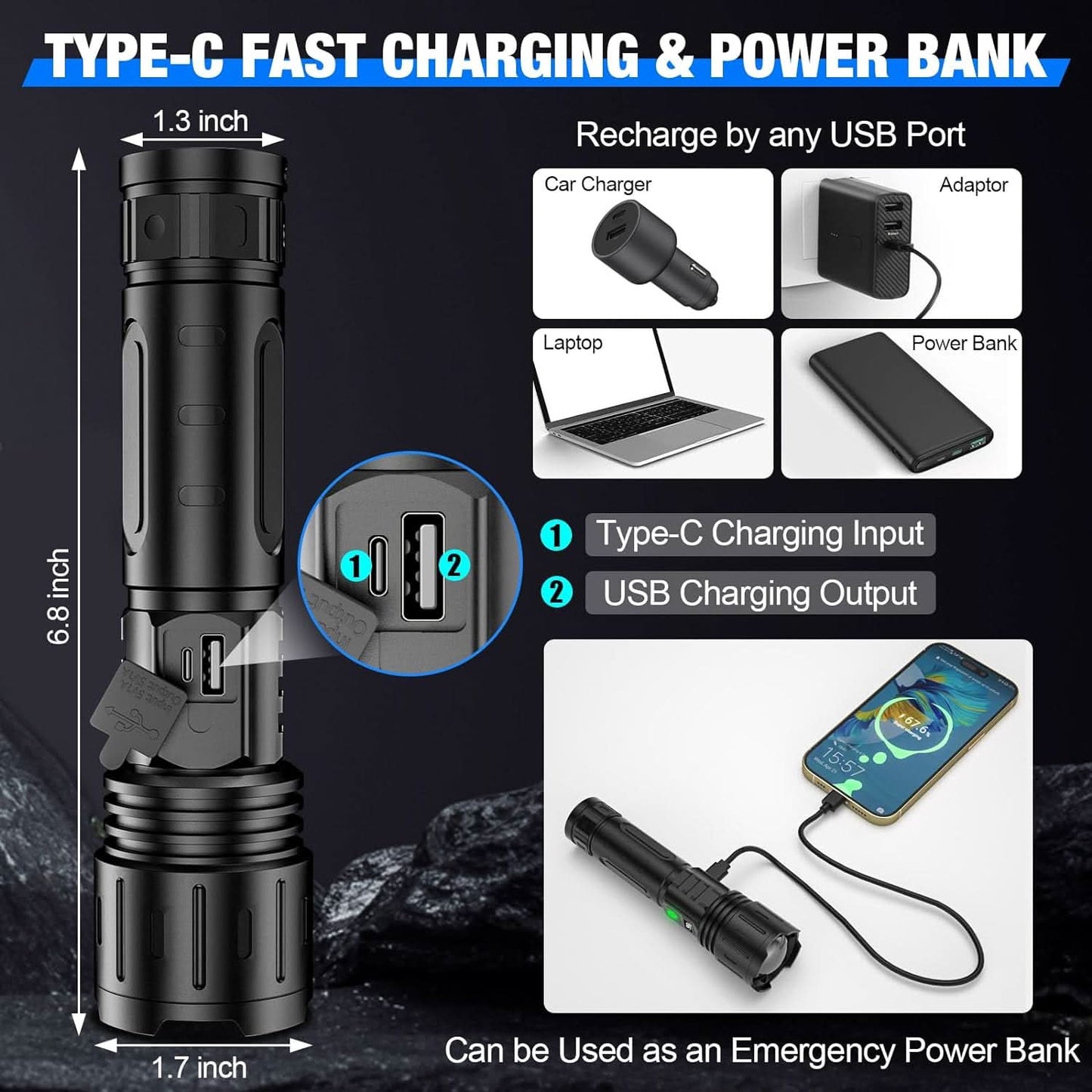 Lumina Torch - High-Output Tactical Flashlight with Rechargeable Battery & Power Bank Function 6