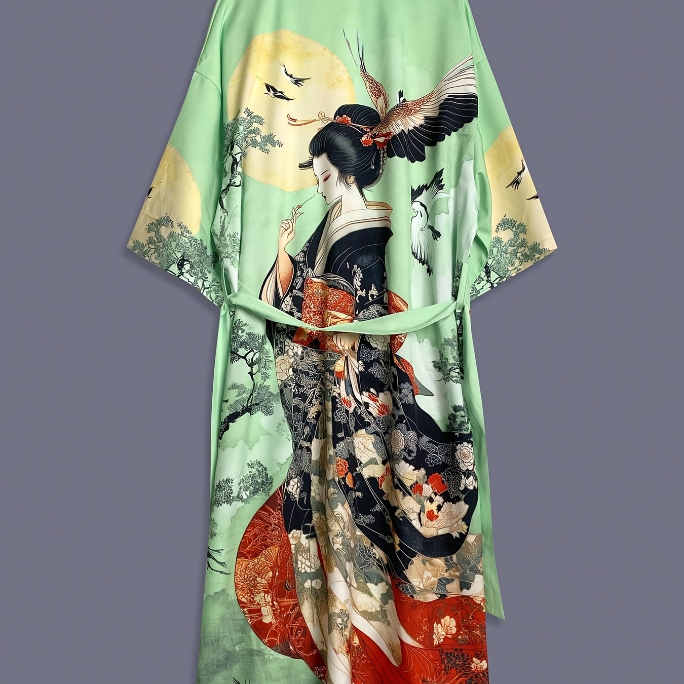 Kiyomara - Vintage Japanese Print Satin Kimono Cover-Up