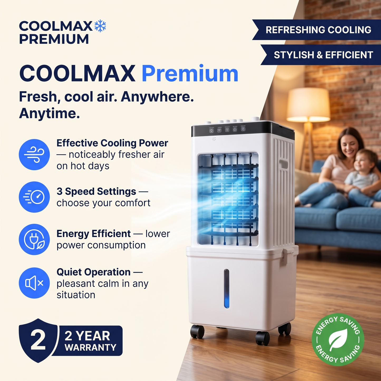COOLMAX Premium – Raffrescatore d’aria portatile per un raffreddamento confortevole senza installazione