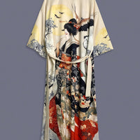 Kiyomara - Vintage Japanese Print Satin Kimono Cover-Up