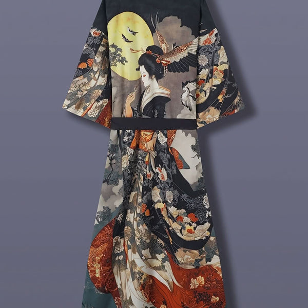 Kiyomara - Kimono satinado con estampado japonés vintage para cubrir