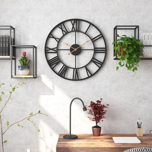 CALMTIME - Vintage silent round wall clock with metal frame for quiet and elegant home décor