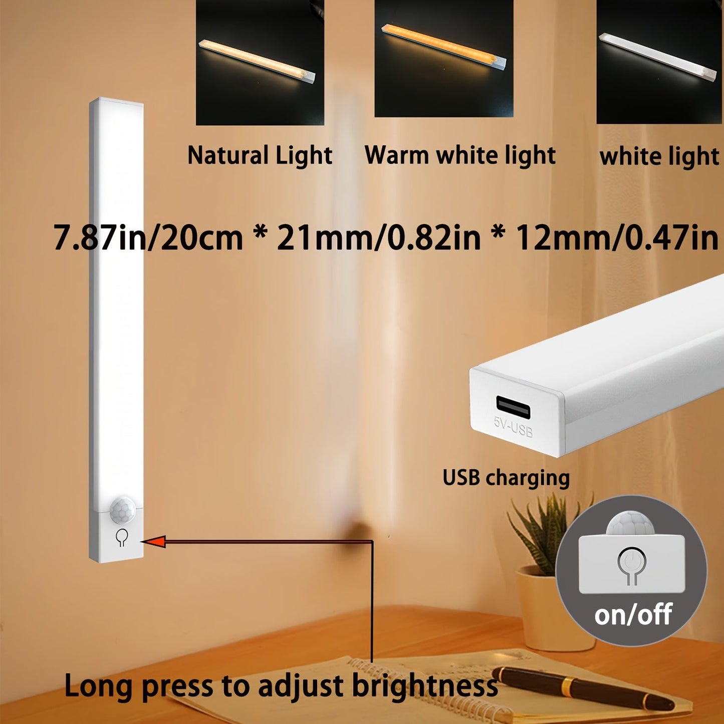 MOTIONLUX - Smart motion sensor LED night light with USB rechargeable battery and adjustable brightness