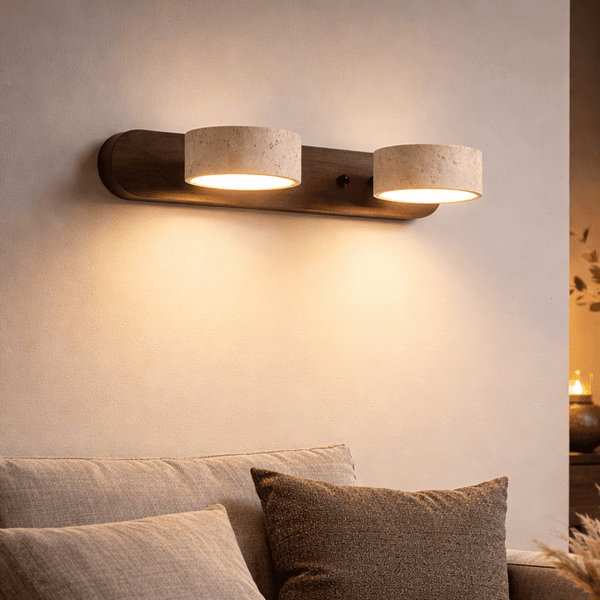 MINERALGLOW - Εσωτερικό LED φωτιστικό τοίχου με φυσικό τραβερτίνη και ξύλινο σχέδιο για ζεστό αρχιτεκτονικό φωτισμό