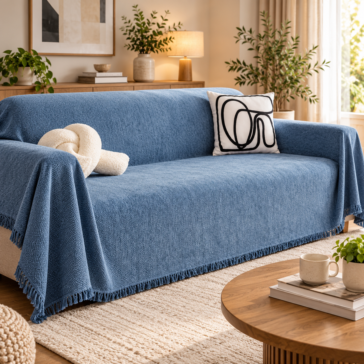 HERRAVIXA – Herringbone Sofa Cover with Decorative Fringe Detail