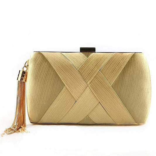 Elegant Satin Evening Clutch Purse with Tassel Detail - Gold Evening Bag 0