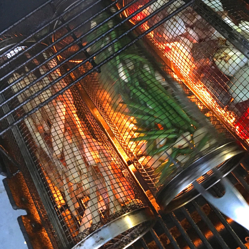 FLAMECAGE - 360° rotating stainless steel grill basket for even BBQ cooking