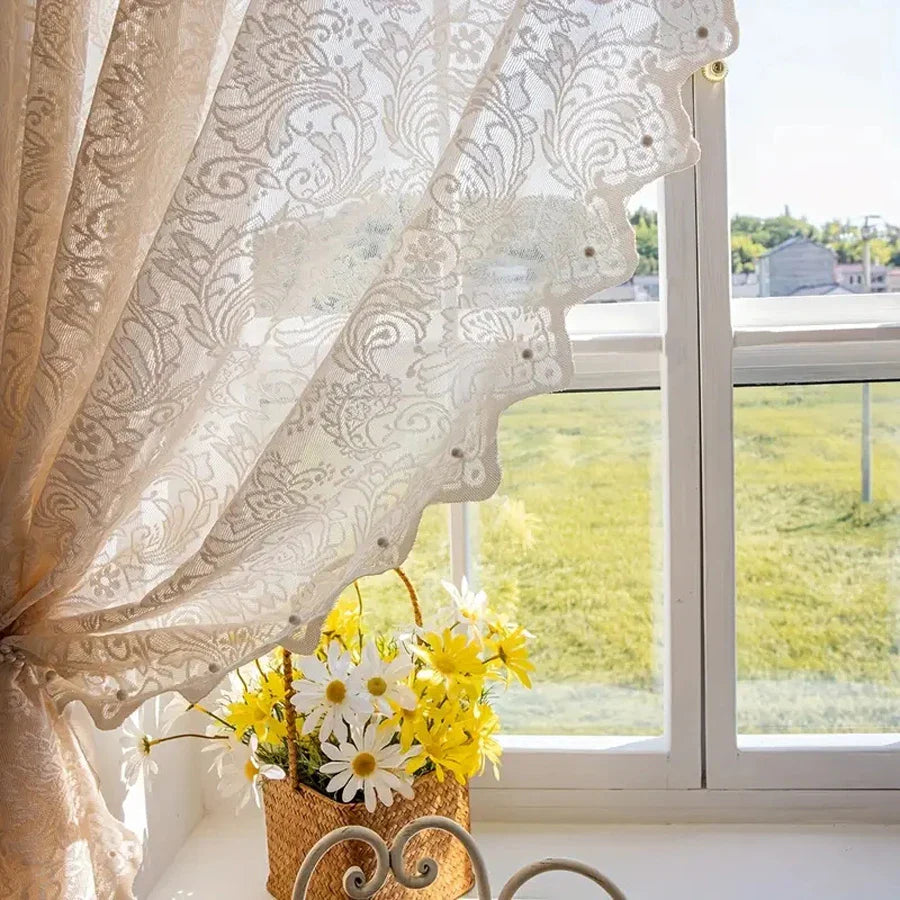CHÂTELACE - French country lace curtain with elegant beaded phoenix tail detail