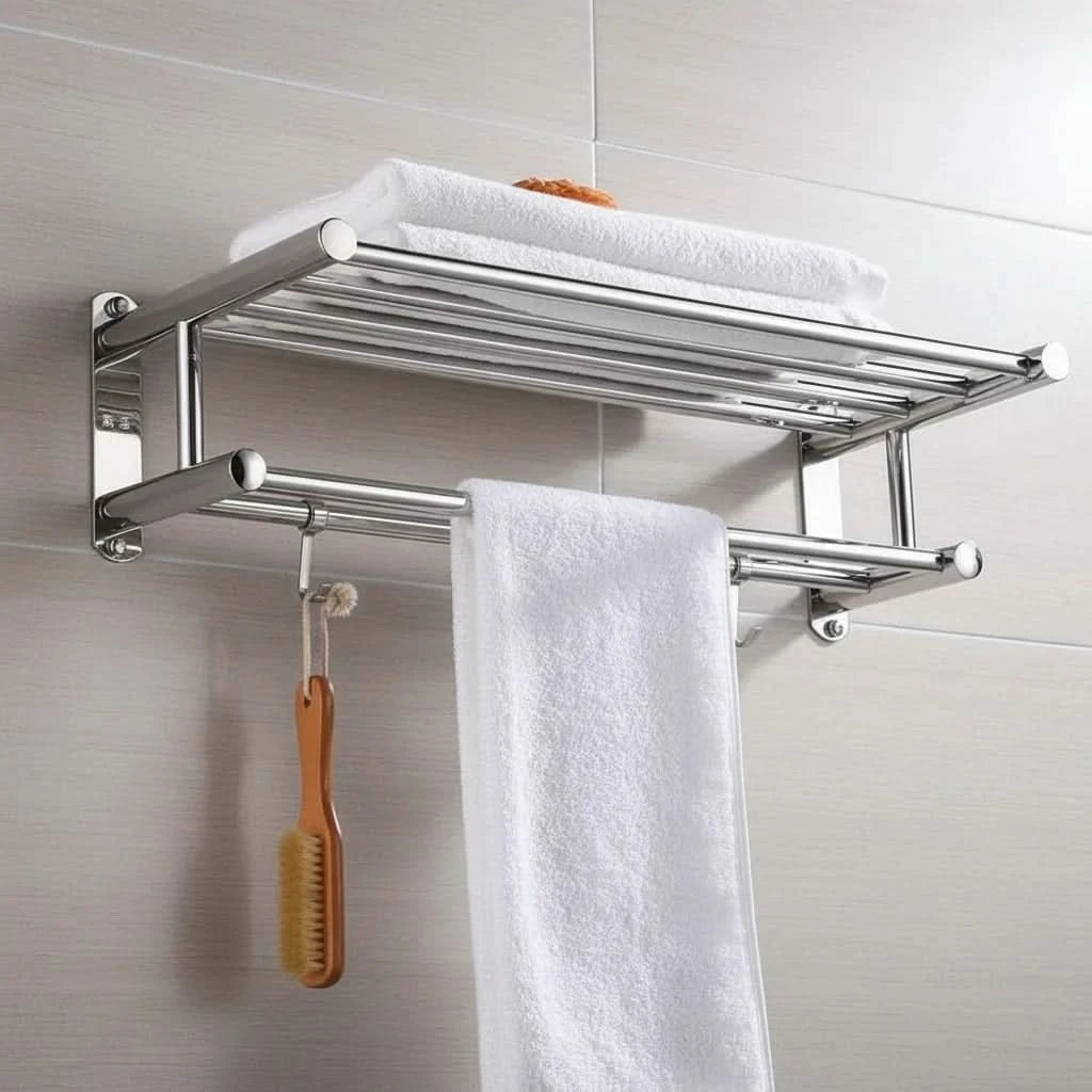 RAILESSA – Space-Saving Towel Rack with Shelf & Hooks for Smart Storage