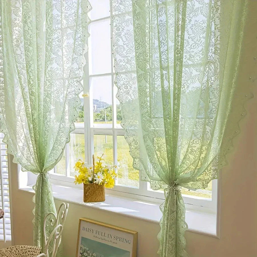 CHÂTELACE - French country lace curtain with elegant beaded phoenix tail detail