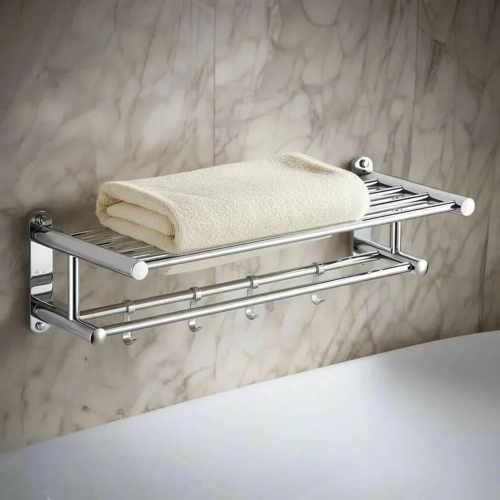 RAILESSA – Space-Saving Towel Rack with Shelf & Hooks for Smart Storage