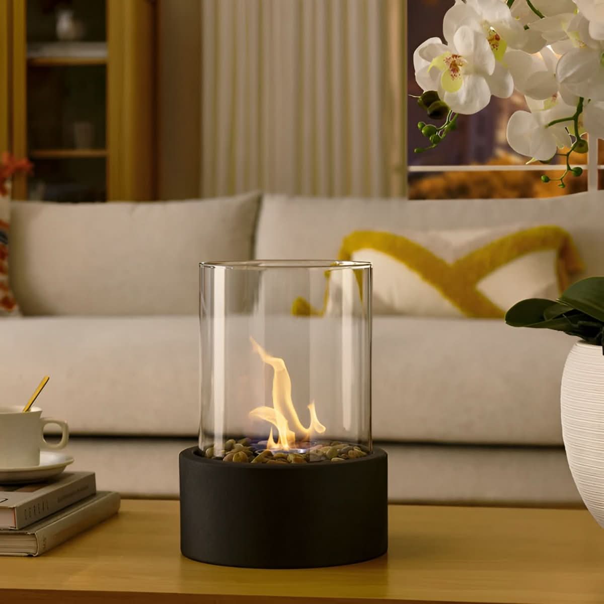 AURAFIRE - Portable tabletop bioethanol fireplace for clean-burning, smoke-free ambient flame lighting