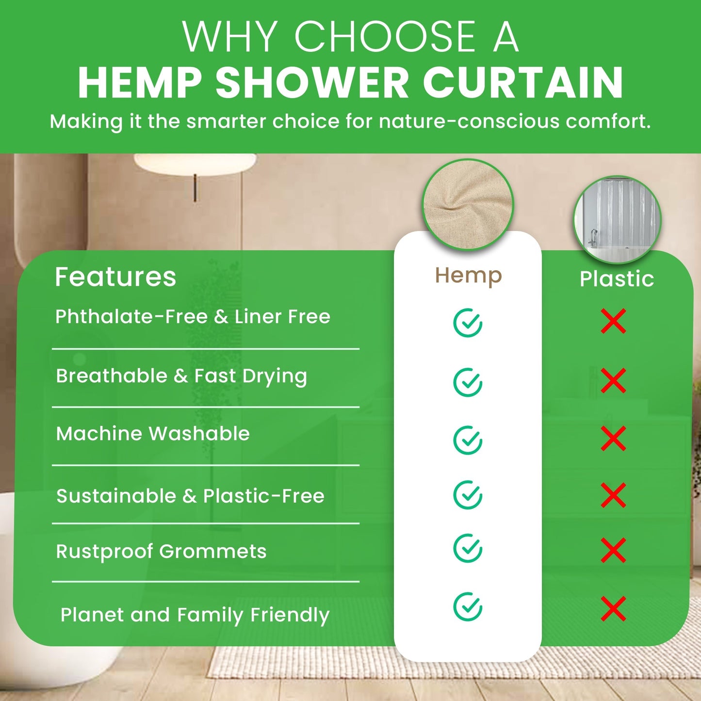 HEMPORA – Hemp Shower Curtain for Bath & Stall