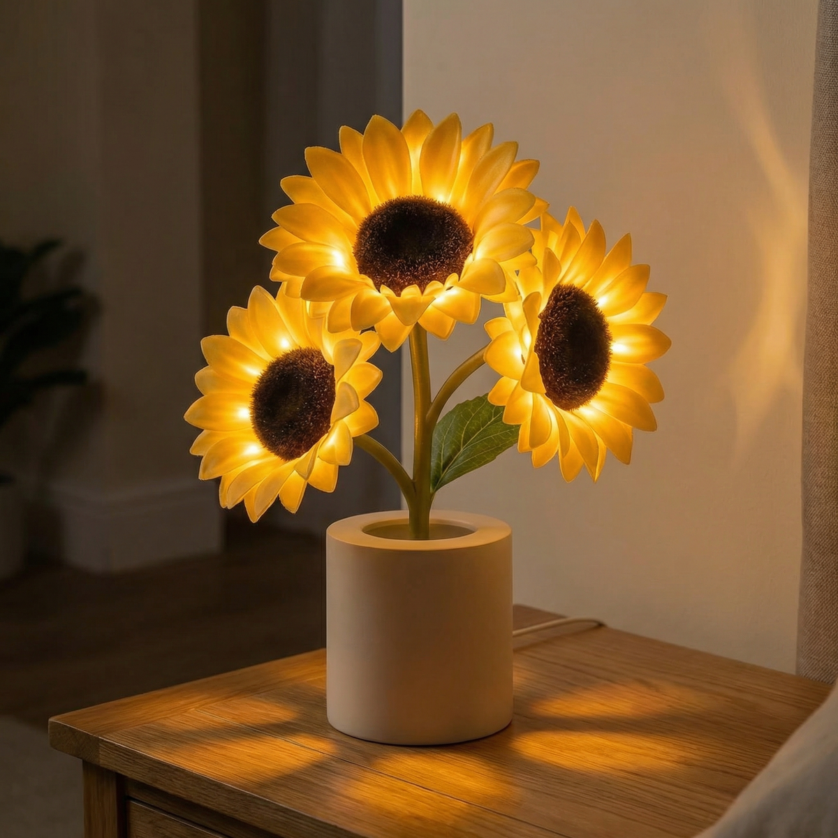 SOLPETAL – Genopladelig solsikkelampe til bordet med varmt stemningslys