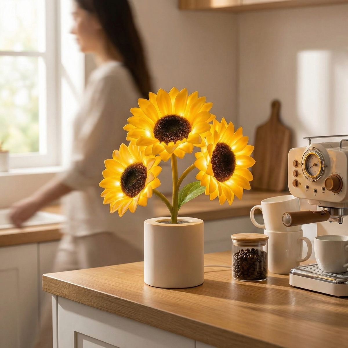 SOLPETAL – Genopladelig solsikkelampe til bordet med varmt stemningslys