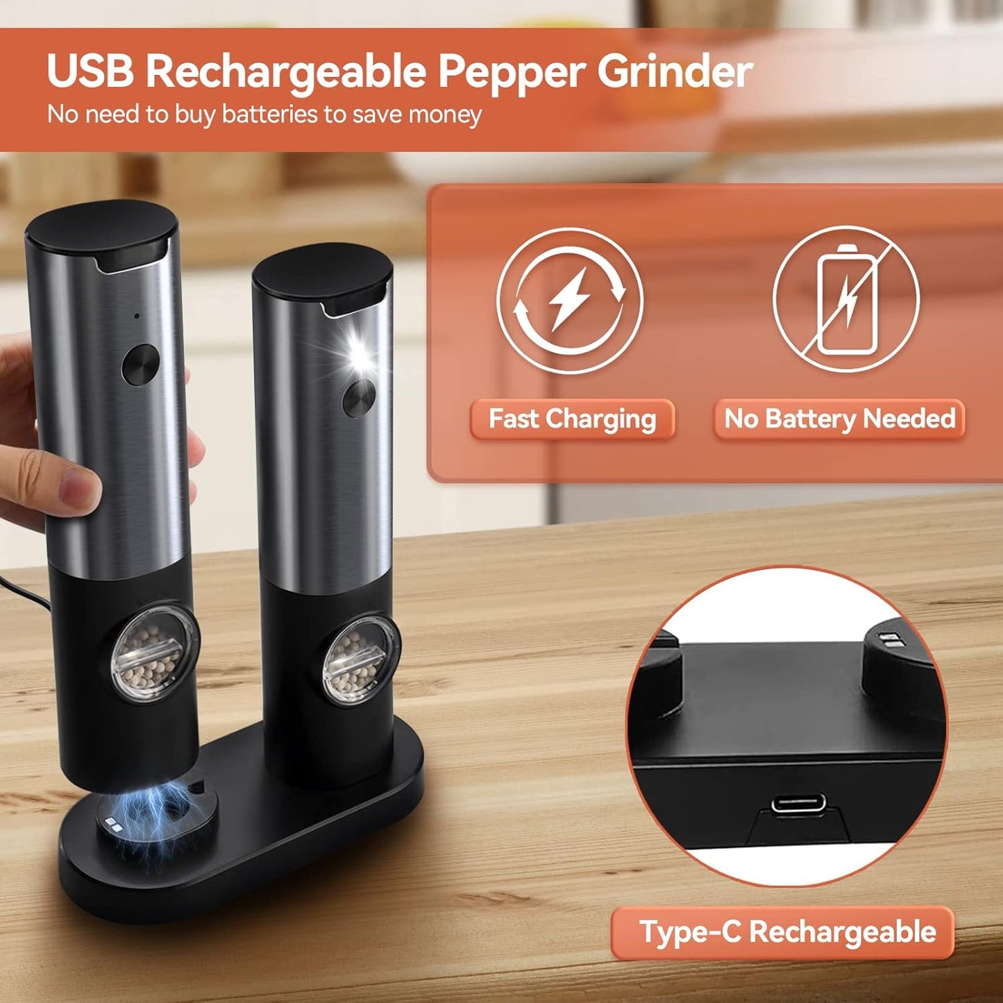 GRINDORA – Rechargeable Electric Salt and Pepper Mill Set