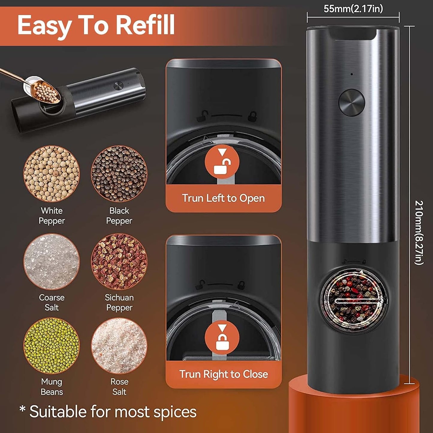 GRINDORA – Rechargeable Electric Salt and Pepper Mill Set